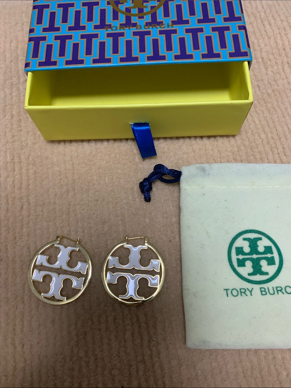 Tory Burch Gold and White Logo Hoop Earrings